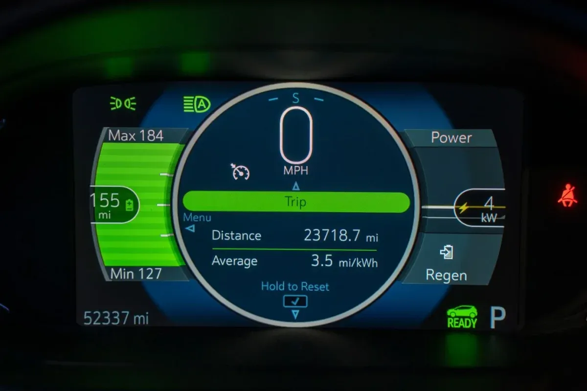 Illustrative stock photograph: Electric vehicle battery range and power display