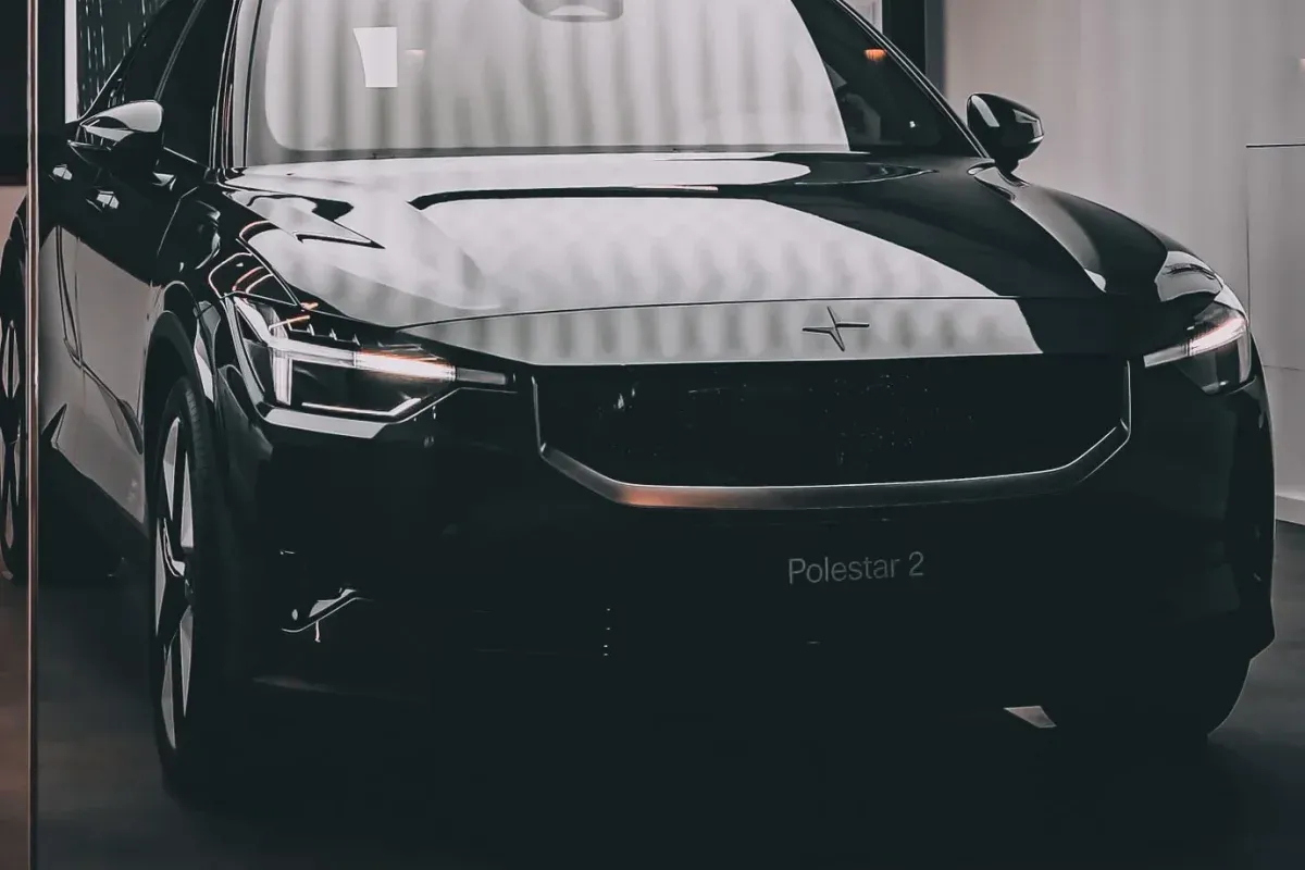 Illustrative stock photograph: Modern battery electric vehicle in a showroom